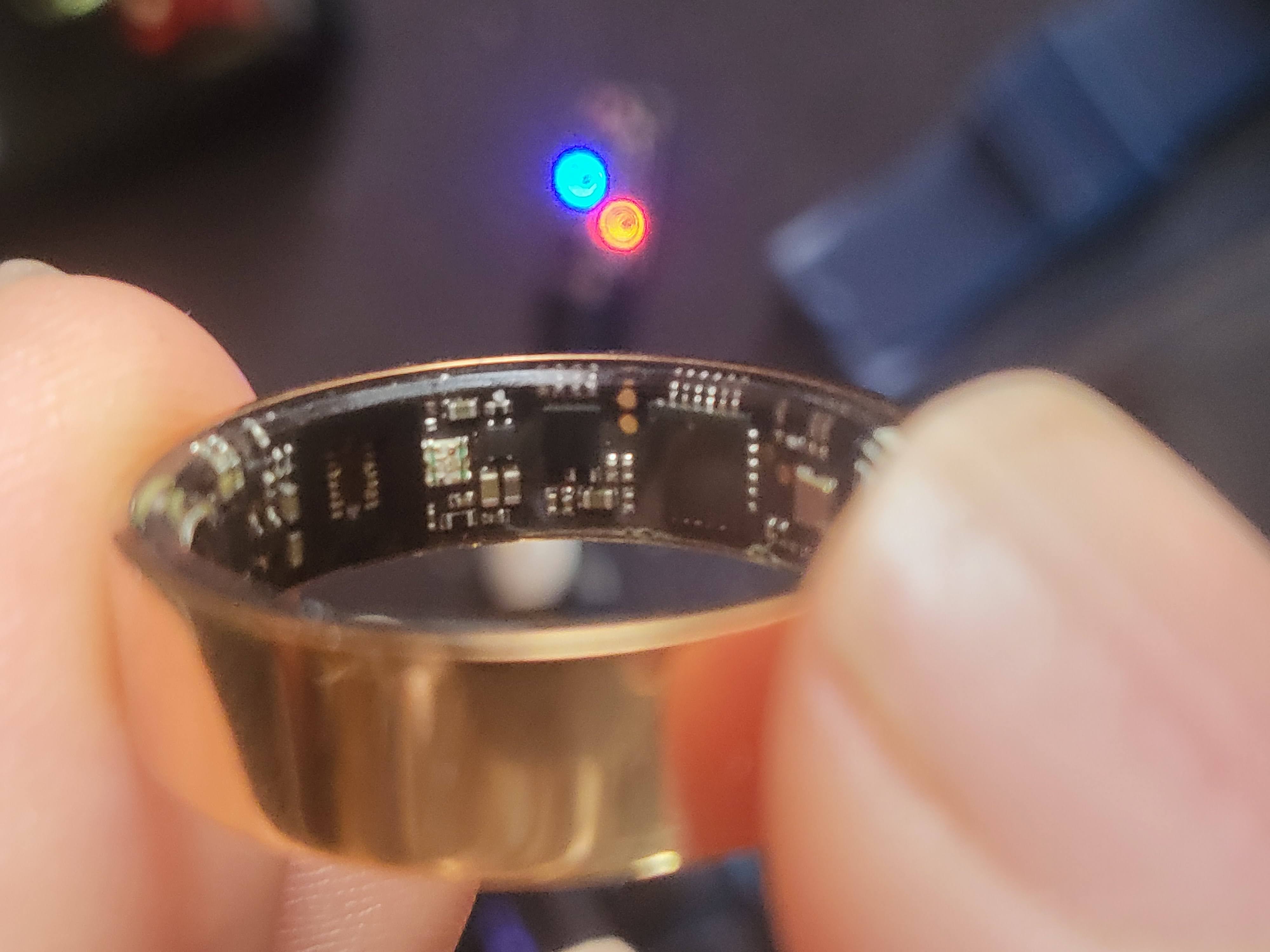 The ring's circuit board seen through its clear housing